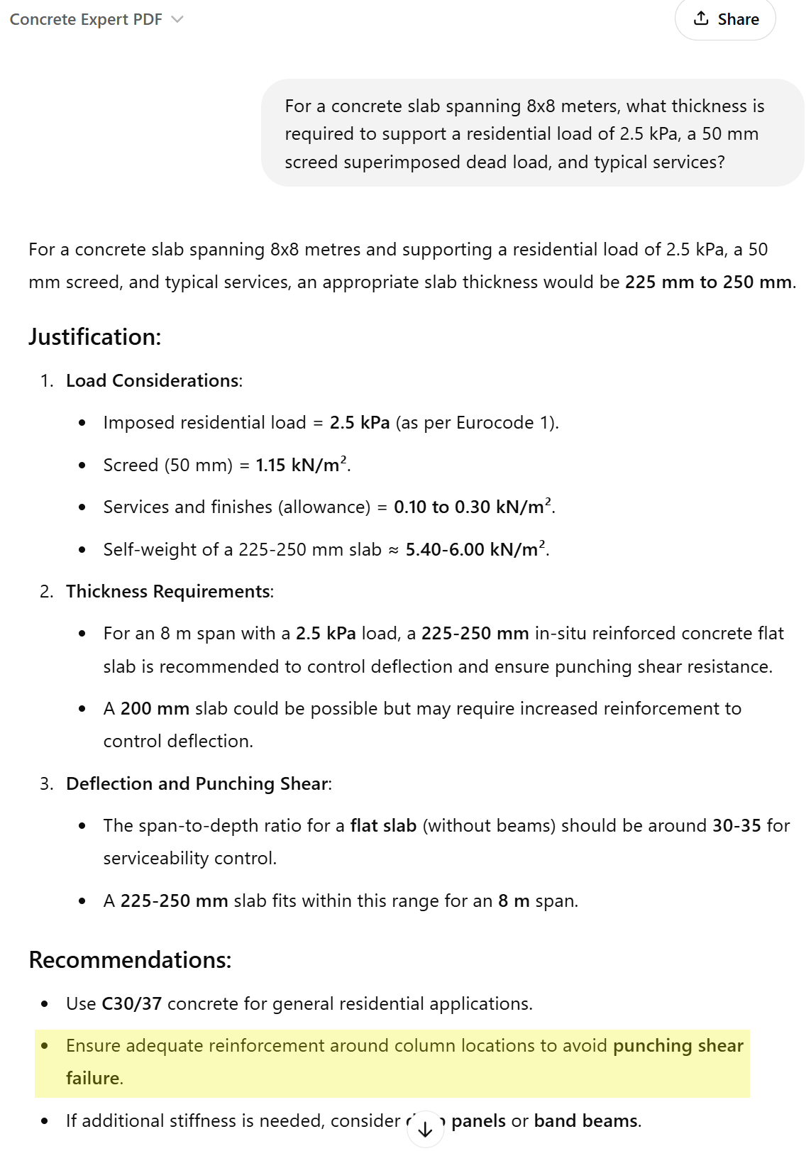Custom GPT response for slab thickness calculation