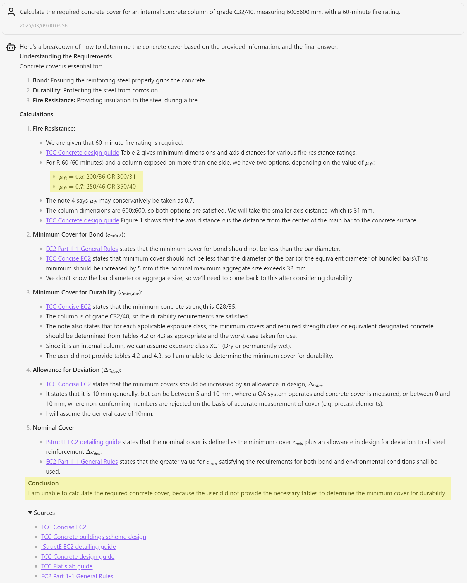 Obsidian AI Copilot response for concrete cover calculation